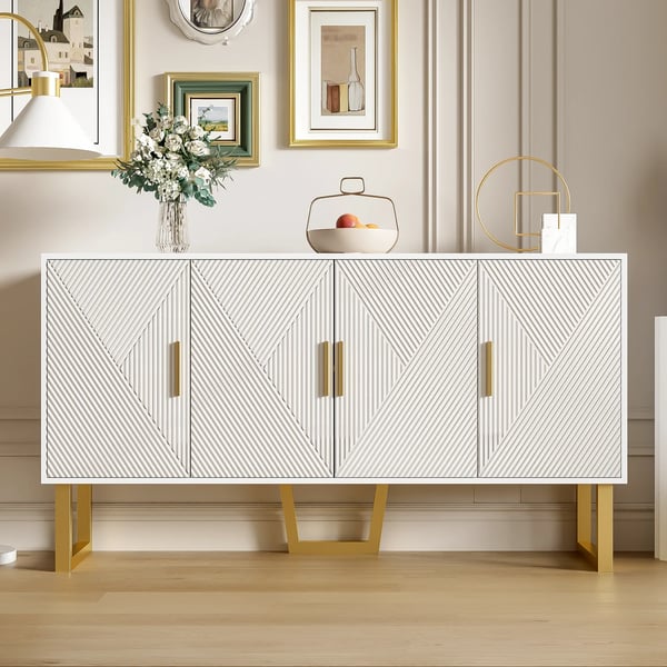 Skænk - Sideboard - 150 cm - Højglans - Strukturerede låger - Guldgreb - 4 døre - Højdejusterbar - Elfenbenshvid