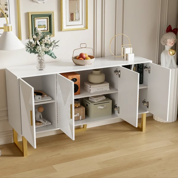 Skænk - Sideboard - 150 cm - Højglans - Strukturerede låger - Guldgreb - 4 døre - Højdejusterbar - Elfenbenshvid