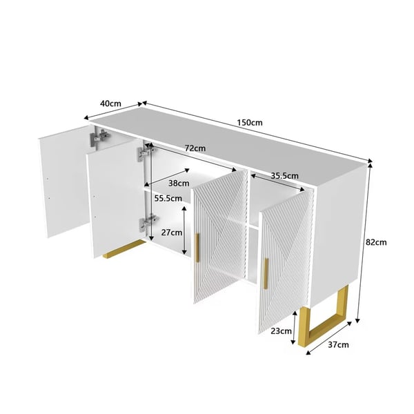 Skænk - Sideboard - 150 cm - Højglans - Strukturerede låger - Guldgreb - 4 døre - Højdejusterbar - Elfenbenshvid