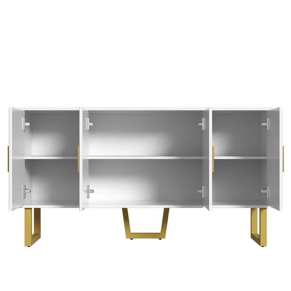 Skænk - Sideboard - 150 cm - Højglans - Strukturerede låger - Guldgreb - 4 døre - Højdejusterbar - Elfenbenshvid