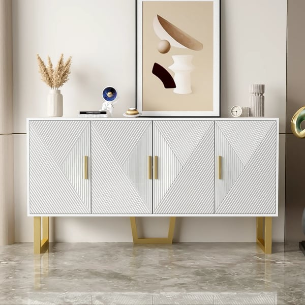 Skænk - Sideboard - 150 cm - Højglans - Strukturerede låger - Guldgreb - 4 døre - Højdejusterbar - Elfenbenshvid