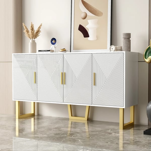 Skænk - Sideboard - 150 cm - Højglans - Strukturerede låger - Guldgreb - 4 døre - Højdejusterbar - Elfenbenshvid