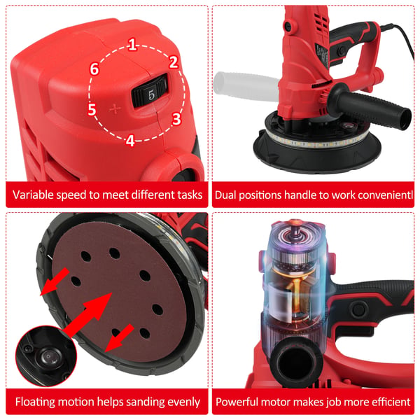 Gipssliber - Håndholdt vægsliber - 850 W - Variabel hastighed 1500–2600 o/min - 12 slibeskiver - Rød
