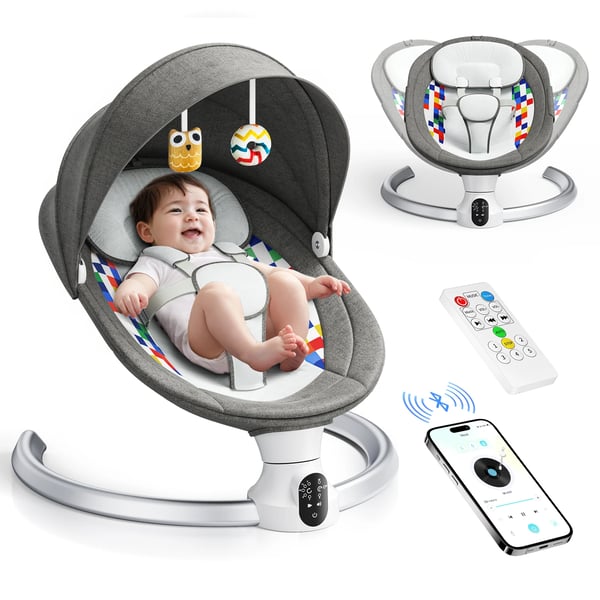 Elektrisk babygunga - Vagga - App & fjärrkontroll - 5-punktssele - 3 timerlägen - Upp till 10 kg - 0–12 månader - Mörkgrå