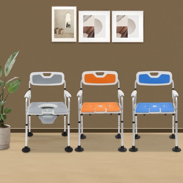 Bruse- og toiletstol - Fritstående højdejusterbar - Armlæn - Ryglæn - Til seniorer - Uden montering - Orange