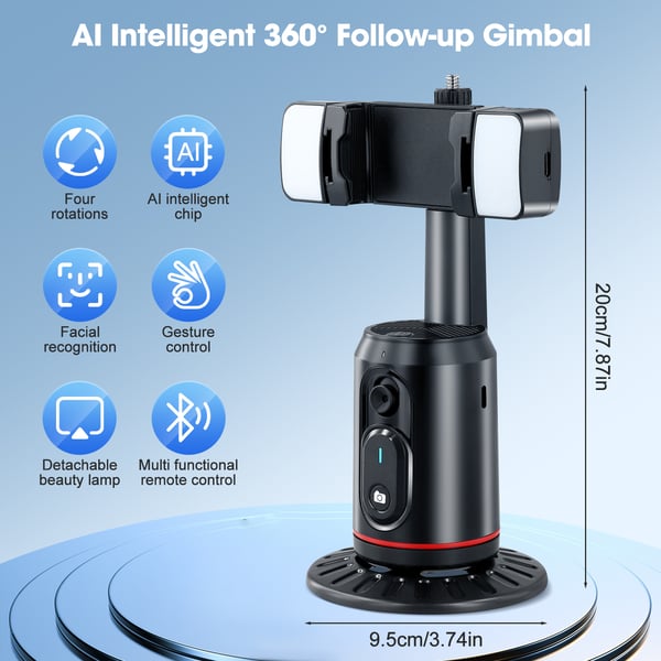 Smartphone Gimbal - Selfiestang med Stativ - AI Ansigtssporing - 360° Rotation - Uden App - Fjernbetjening - Sort