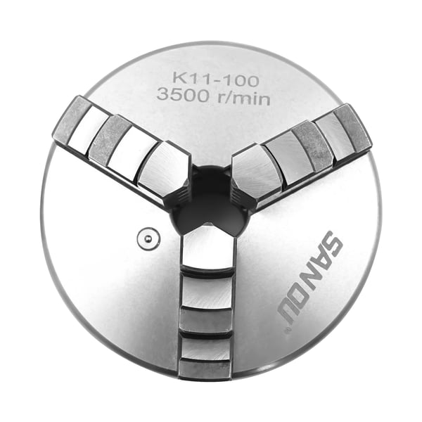 Sorvin istukka - 3-leukainen itsekeskittyvä - Tarkkuus 0,07 mm - Kovuus HRC54 - Halkaisija 100 mm - Läpireikä 22 mm - Korkeus 5,5 cm - Käsikäyttöinen