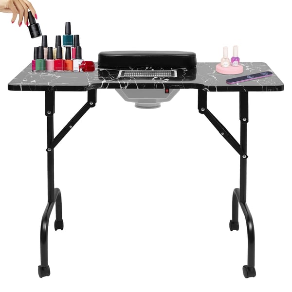 Manicurebord / Neglebord - Sammenklappeligt Bord - Støvopsamler 2800 rpm - Låsehjul (4) - Kunstig Marmorplade - 94×48×72 cm - 30–40 kg - Sort