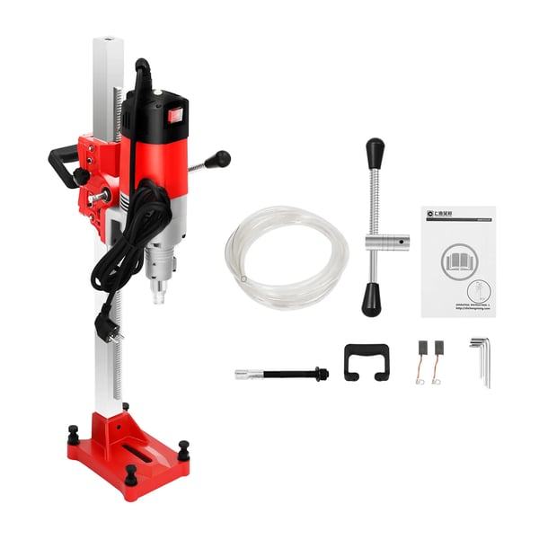 Kerneboremaskine til beton - Borrig med stativ - 2300 W - Ø op til 165 mm - Børsteløs motor - Løft 60 cm - Vandslange 3,5 m - EU-stik - Rød