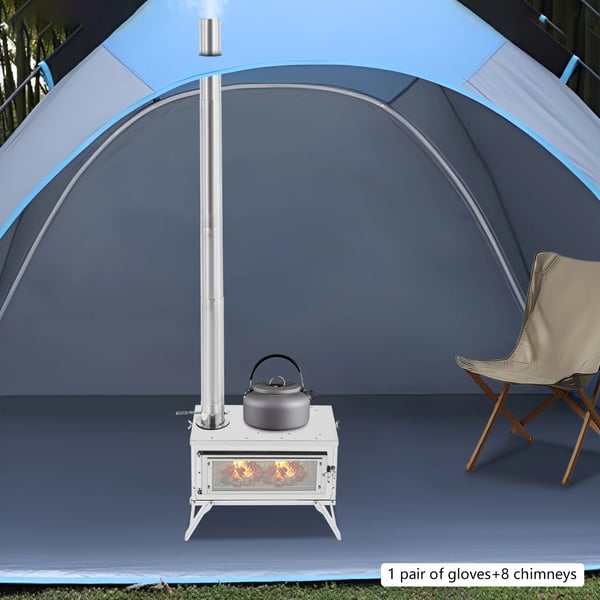 Teltovn, bærbar brændefyret ovn i rustfrit stål, 8 skorstensrør, lysegrå til camping, opvarmning og madlavning