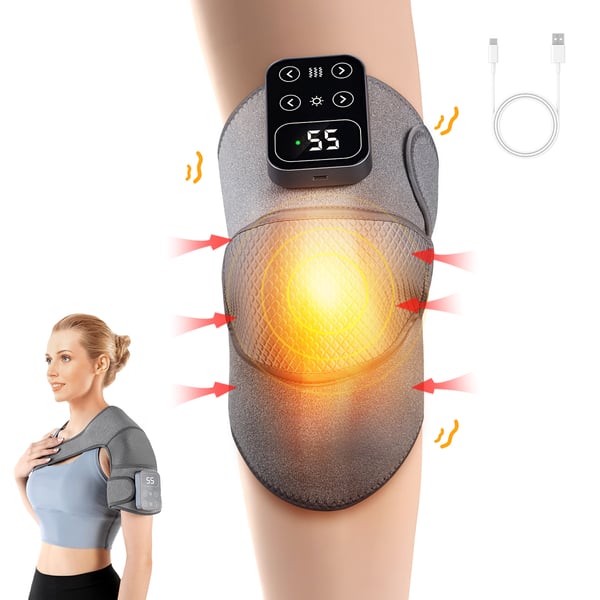 Opvarmet knæmassageapparat - Knæbandage - Varme & vibration - 3-i-1 - Genopladelig - Mørkegrå