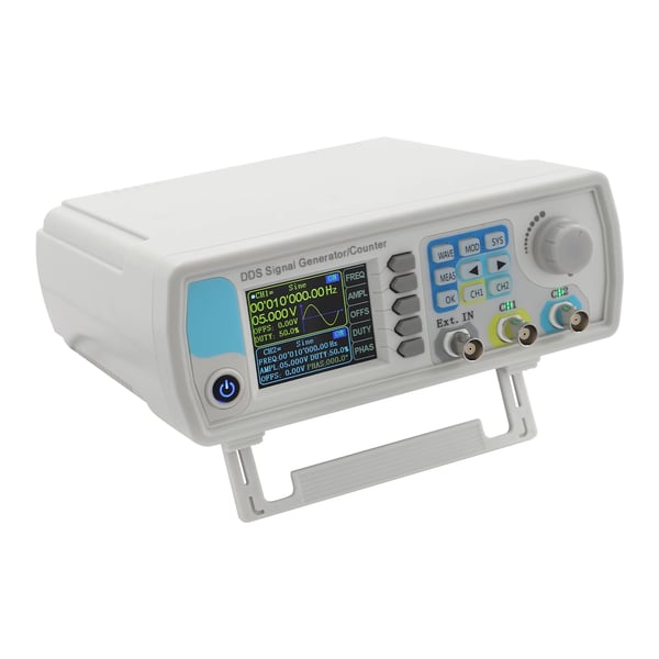 Signaaligeneraattori ja taajuuslaskuri, kaksikanavainen arbitraari aaltomuotogeneraattori, 2,4" LCD, 85–265 V, 1,2 m virtajohto, valkoinen