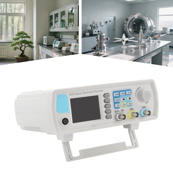 Signaaligeneraattori ja taajuuslaskuri, kaksikanavainen arbitraari aaltomuotogeneraattori, 2,4" LCD, 85–265 V, 1,2 m virtajohto, valkoinen