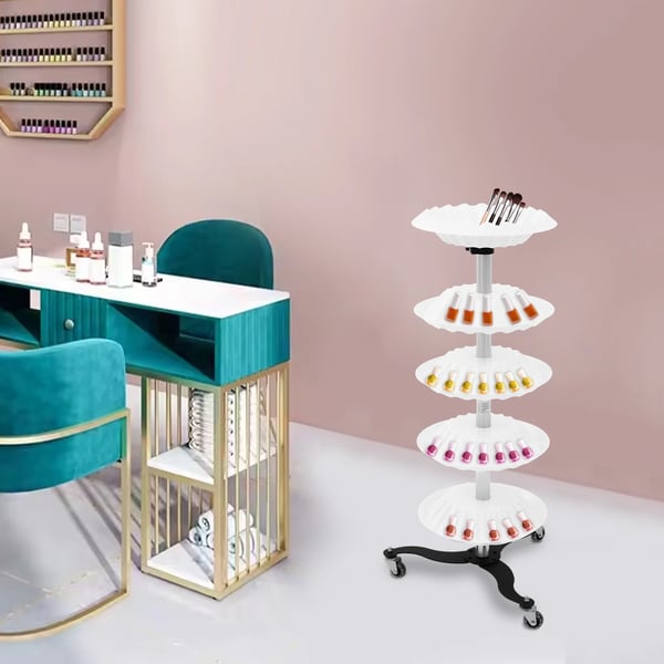 Neglelak displaystativ - Roterende reol - 5 niveauer - Med hjul - Rullevogn til hjem & salon - Hvid
