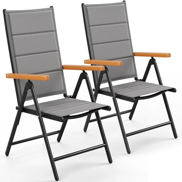 2 kpl alumiinipuutarhatuoleja - Taitettava korkea selkänoja - 7-asentoinen säätö - Säänkestävä - Max 150 kg - Teak‑käsinojat - 65×56×110 cm - Harmaa