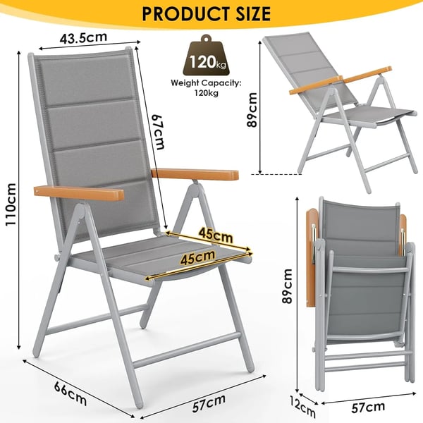 2 kpl alumiinipuutarhatuoleja - Taitettava korkea selkänoja - 7-asentoinen säätö - Säänkestävä - Max 150 kg - Teak‑käsinojat - 65×56×110 cm - Harmaa