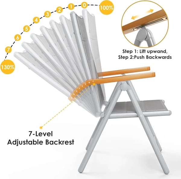 2 kpl alumiinipuutarhatuoleja - Taitettava korkea selkänoja - 7-asentoinen säätö - Säänkestävä - Max 150 kg - Teak‑käsinojat - 65×56×110 cm - Harmaa
