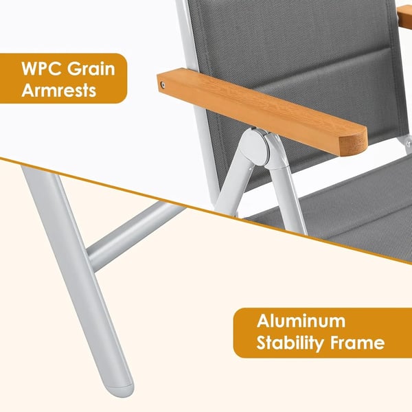 2 kpl alumiinipuutarhatuoleja - Taitettava korkea selkänoja - 7-asentoinen säätö - Säänkestävä - Max 150 kg - Teak‑käsinojat - 65×56×110 cm - Harmaa