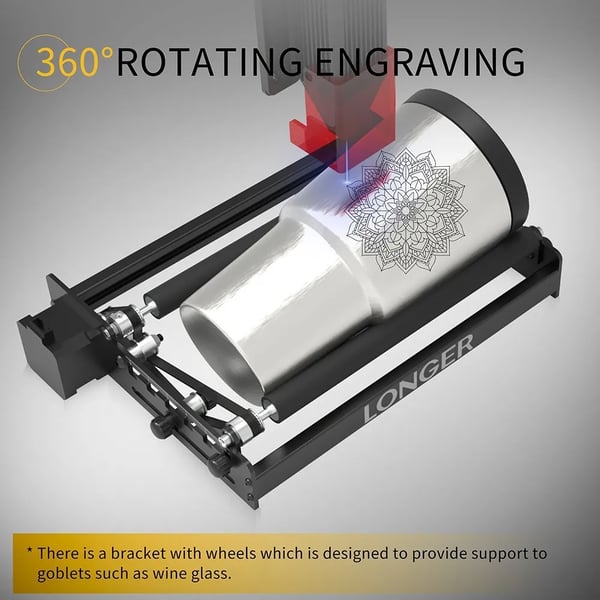 Rotationsrulle til lasergravering - Drejeenhed - Graveringsdiameter 6–200 mm - 360° rotation - Til cylindriske emner, glas og kopper - Hvid