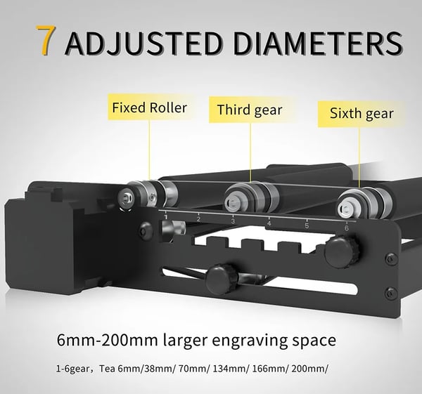 Rotationsrulle til lasergravering - Drejeenhed - Graveringsdiameter 6–200 mm - 360° rotation - Til cylindriske emner, glas og kopper - Hvid
