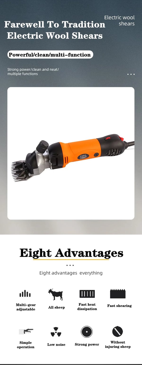 Får- og gedeklipper - Elektrisk klippemaskine - Effekt 1200 W - Spænding 220 V - Justerbar 6-trins hastighed - Børsteløs motor - Orange/Sort