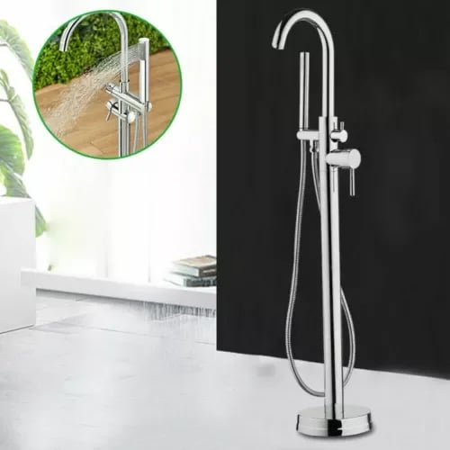 Badekarsarmatur - Fritstående Gulvmodel - Håndbruser - Varm/Kold Blandingsbatteri - 360° Håndbruserhoved - Messing Ventilkerne - Lysegrå/Sølv