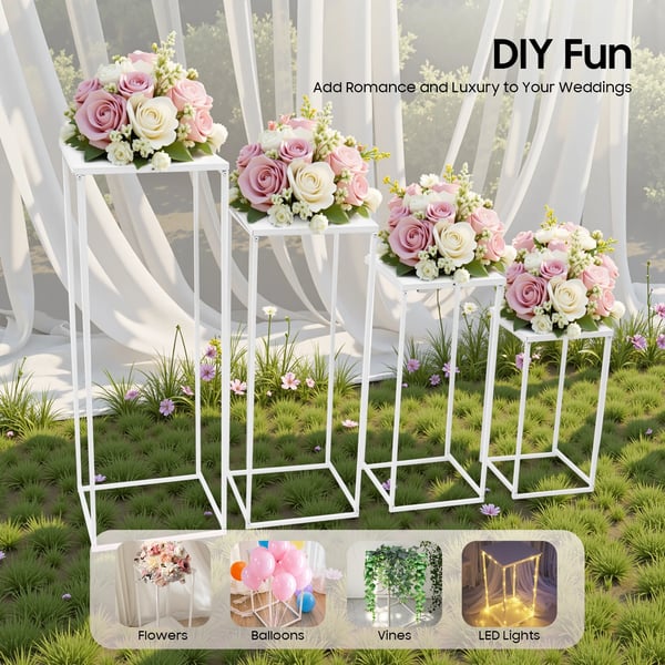 Blomsterstativer til bryllup - Sæt med 4 - Stålrør - Bæreevne 10–15 kg pr. stativ - DIY dekoration - Hvid