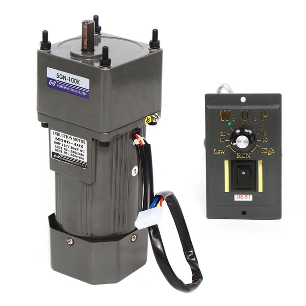 Induktiovaihdemoottori - AC 220 V 90 W - Nopeudensäädin 0–90 r/min - Vääntömomentti 3,8 Nm - Akseli 1,2×2,9 cm - Khaki