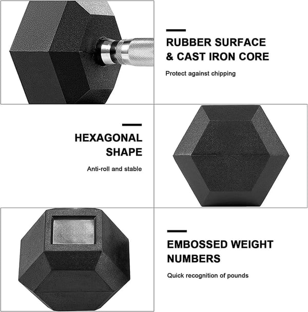 Kuusikulmainen käsipaino - 30 kg 1 kpl - Kumipäällyste - Luistamaton ergonominen kromikahva - Voimaharjoitteluun