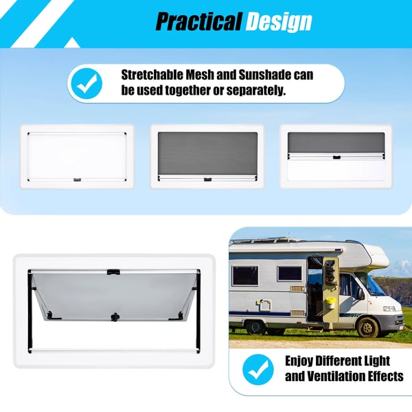 Campingvogn/Autocamper Vindue - Udslående Sidevindue - 900×500 mm - Åbningsvinkel 70° - Vægtykkelse 25–35 mm - Inderamme Hvid