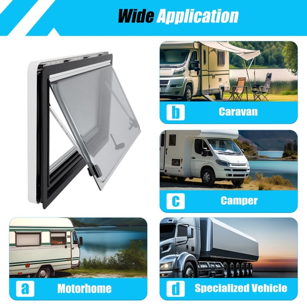 Campingvogn/Autocamper Vindue - Udslående Sidevindue - 900×500 mm - Åbningsvinkel 70° - Vægtykkelse 25–35 mm - Inderamme Hvid