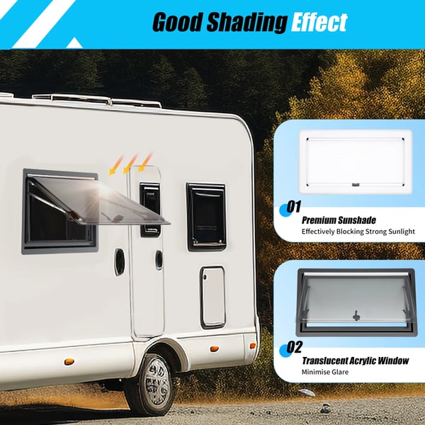 Campingvogn/Autocamper Vindue - Udslående Sidevindue - 900×500 mm - Åbningsvinkel 70° - Vægtykkelse 25–35 mm - Inderamme Hvid