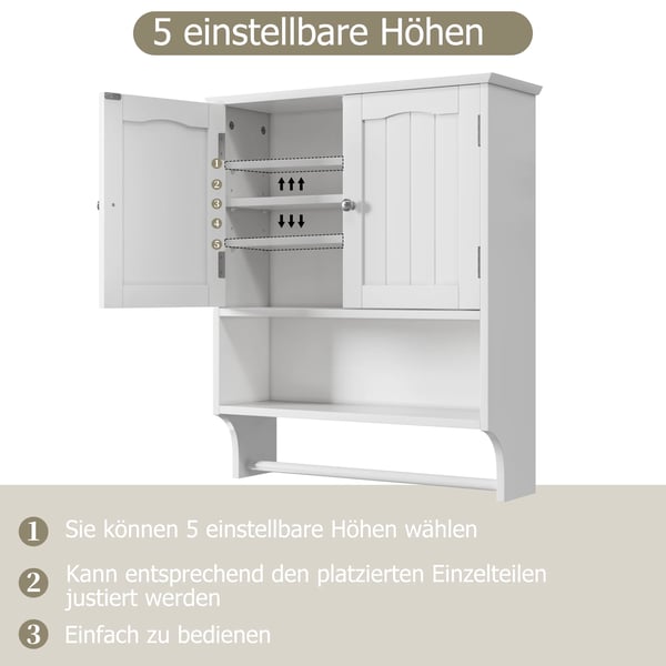 Vægmonteret badeværelses-/køkkenskab - Medicinskab - 2 justerbare hylder - Håndklædestang - Hvid