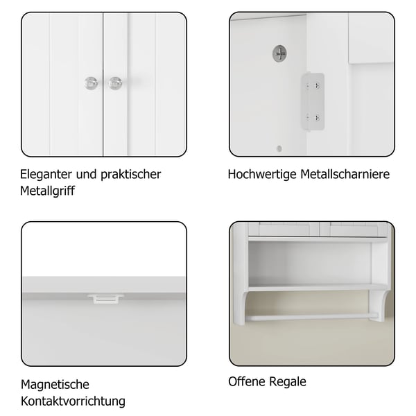 Vægmonteret badeværelses-/køkkenskab - Medicinskab - 2 justerbare hylder - Håndklædestang - Hvid