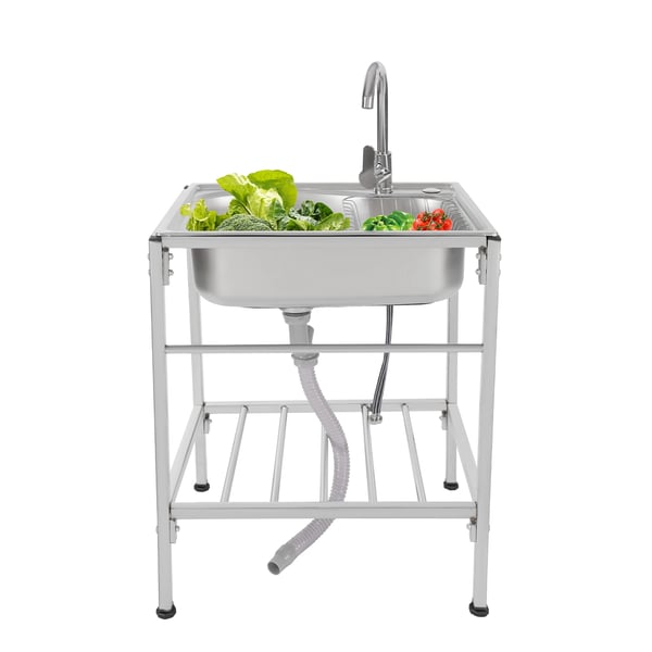 Fritstående vask - Kommerciel enkeltvask - 304 rustfrit stål - Rektangulær - Varm/kold armatur - Afløb Ø110 mm - Sølv