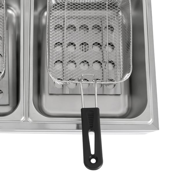 Kommerciel elektrisk frituregryde - Dobbelt tank 12 L - Rustfrit stål - 60–200°C justerbar termostat - Låg i rustfrit stål - Sølv