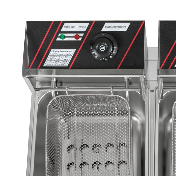 Kommerciel elektrisk frituregryde - Dobbelt tank 12 L - Rustfrit stål - 60–200°C justerbar termostat - Låg i rustfrit stål - Sølv