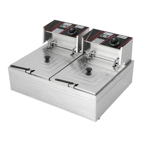 Kommerciel elektrisk frituregryde - Dobbelt tank 12 L - Rustfrit stål - 60–200°C justerbar termostat - Låg i rustfrit stål - Sølv