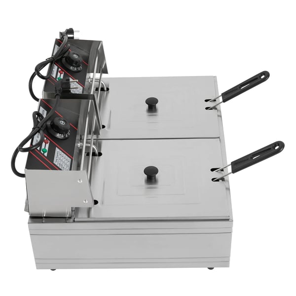 Kommerciel elektrisk frituregryde - Dobbelt tank 12 L - Rustfrit stål - 60–200°C justerbar termostat - Låg i rustfrit stål - Sølv