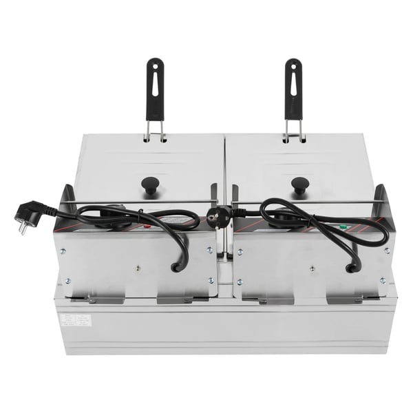 Kommerciel elektrisk frituregryde - Dobbelt tank 12 L - Rustfrit stål - 60–200°C justerbar termostat - Låg i rustfrit stål - Sølv