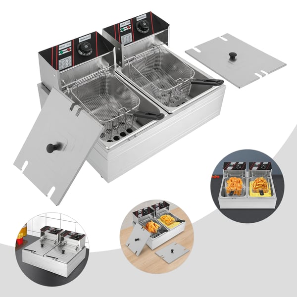 Kommerciel elektrisk frituregryde - Dobbelt tank 12 L - Rustfrit stål - 60–200°C justerbar termostat - Låg i rustfrit stål - Sølv