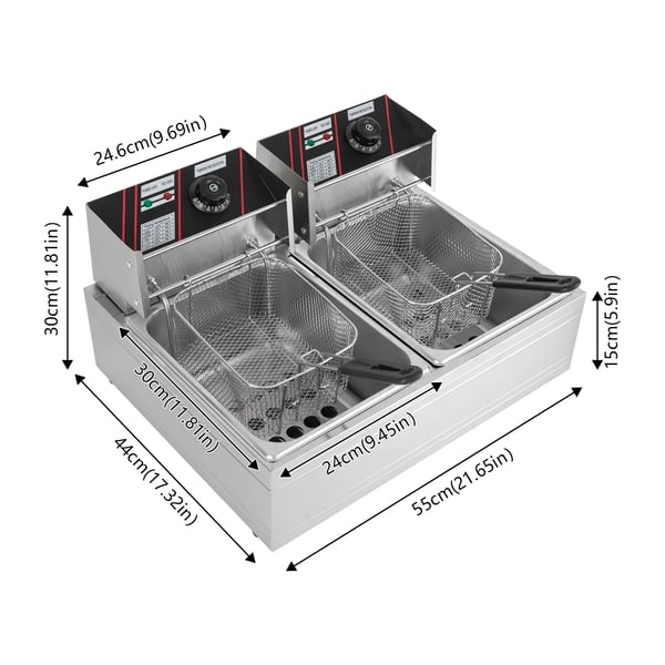 Kommerciel elektrisk frituregryde - Dobbelt tank 12 L - Rustfrit stål - 60–200°C justerbar termostat - Låg i rustfrit stål - Sølv