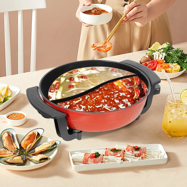 Elektrisk hotpot - Yin Yang shabu-gryde - 6 L Kapacitet - 1360 W Effekt - Non-stick Belægning - Med Låg