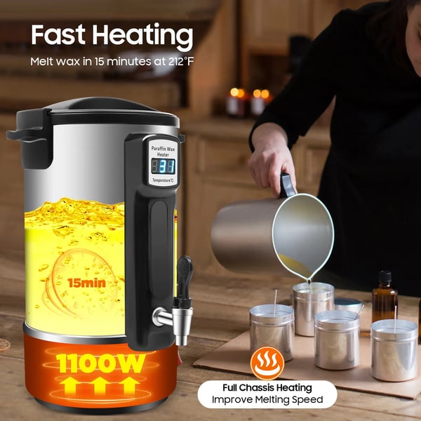 Vokssmelter til lys - Elektrisk smeltegryde - 8 L Kapacitet - 1100 W - 240 V 50/60 Hz - 201 Rustfrit Stål - LED-display - Med Hældetud