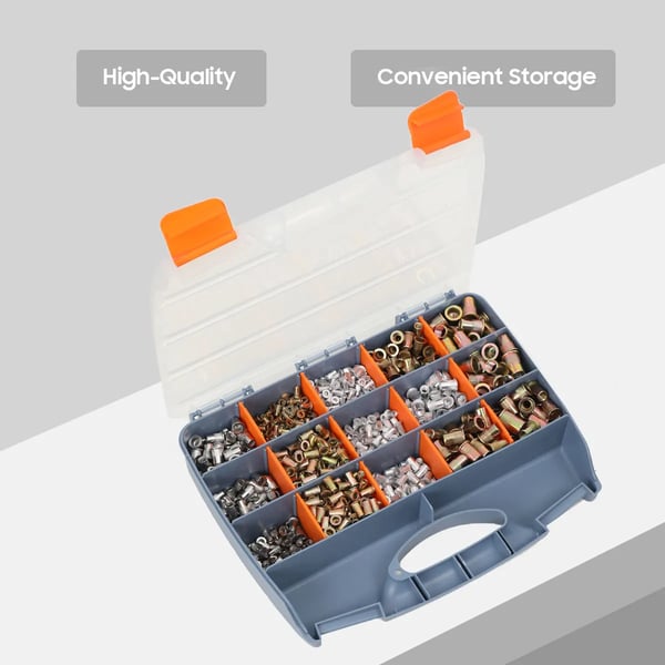 Blindnitte-møtrikker Rivnut - Assorteret sæt - 1200 stk - M3–M12 - Rustfrit stål - Sortimentsboks