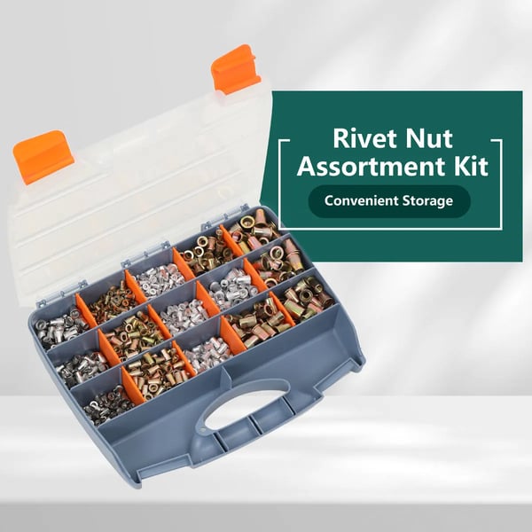 Blindnitte-møtrikker Rivnut - Assorteret sæt - 1200 stk - M3–M12 - Rustfrit stål - Sortimentsboks