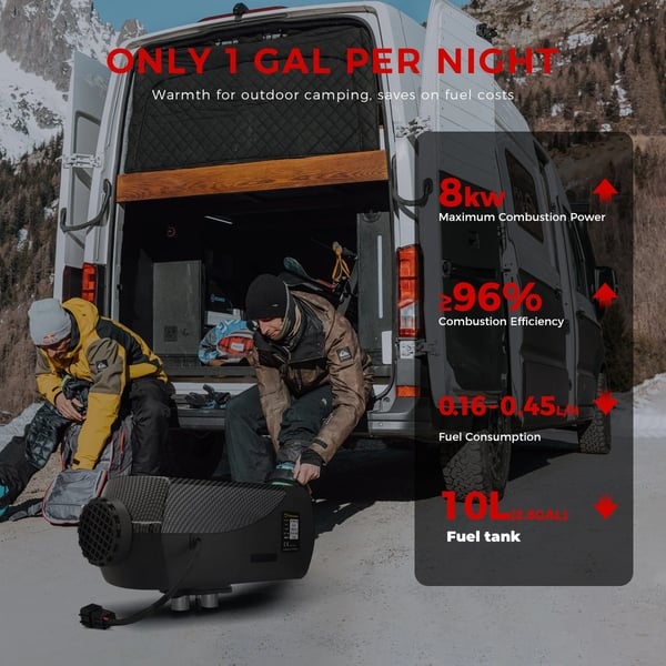 Kannettava diesel-ilmalämmitin - 8 kW 12V/24V - Bluetooth ja kaukosäädin - Pinta-ala 20–25 m² - Säiliö 10 l - Hiljainen 35 dB - Musta