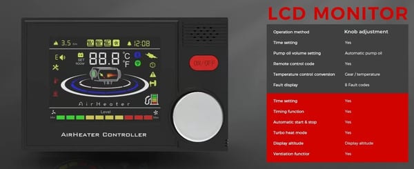 Kannettava diesel-ilmalämmitin - 8 kW 12V/24V - Bluetooth ja kaukosäädin - Pinta-ala 20–25 m² - Säiliö 10 l - Hiljainen 35 dB - Musta