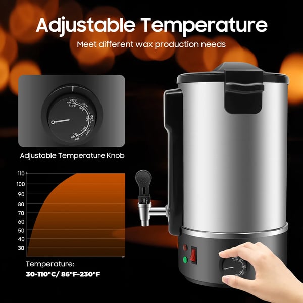 Vokssmelter til lys, 8 L elektrisk model, 1100 W rustfrit stål, LED-display, 30–100 °C, sort