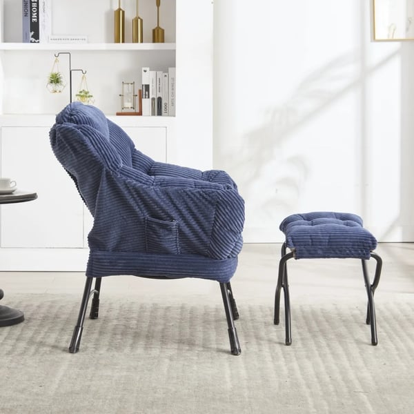 Lounge lænestol - Læsestol med skammel - Armlæn - Sidelomme - Klassisk design - Stofbetræk - L-form - Blå